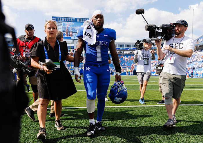 Sep 30, 2023; Lexington, Kentucky, USA; Kentucky Wildcats running back Ray Davis (1) walks off the field after the game against the Florida Gators at Kroger Field. Mandatory Credit: Jordan Prather-USA TODAY Sports